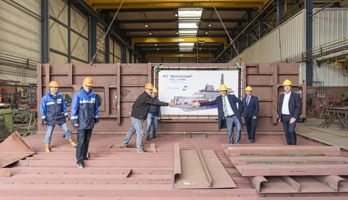 Royal Niestern Sander held a keel laying ceremony for the new stern of the passenger ferry Münsterland, which will be converted to LNG propulsion. (Photo: Royal Niestern Sander)