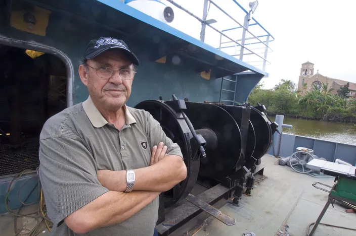 Russell Plaisance on board his new tug in 2008 (Photo: Alan Haig-Brown/Cummins)