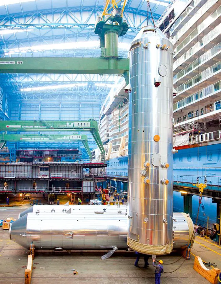 Scrubbers ready for installation onboard Norwegian Escape at Meyer Werft. Photo courtesy of Yara Marine Technologies AS / ©Meyer Werft