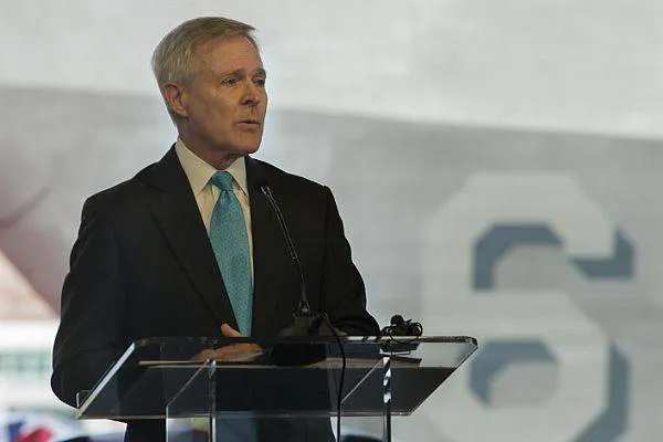Secretary of the Navy (SECNAV) Ray Mabus delivers remarks during the christening ceremony for the future USS Jackson (LCS-6). During his speech, Mabus spoke about the littoral combat ship's capabilities as well as its namesake. (U.S. Navy photo by Mass Communication Specialist 1st Class Arif Patani/Released) 