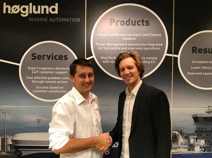 At the signing: Aleksander Beckmann, Aftermarket Sales and Services Manager at Høglund, and Sindre Stemshaug Bornstein, CCO at Yxney Maritime  Photo: Høglund 