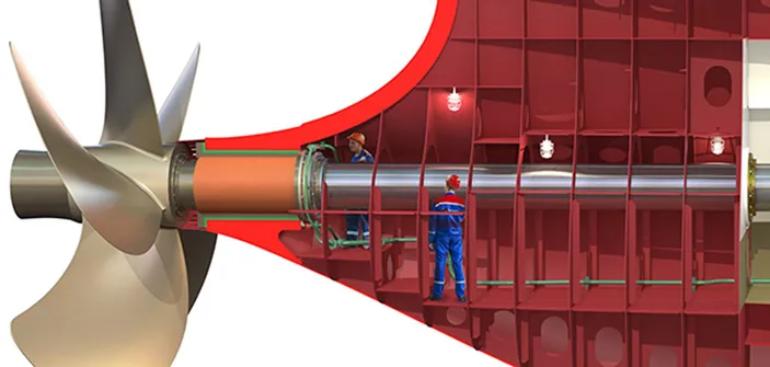 A sterntube-less ship features a shorter shaft with the prime mover further aft the vessel. Image courtesy Thordon Bearings