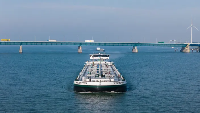 The 135-m tanker Felicitas was designed by RensenDriessen Shipbuilding and fitted out by Den Breejen Shipyard. Image courtesy AMS Barging