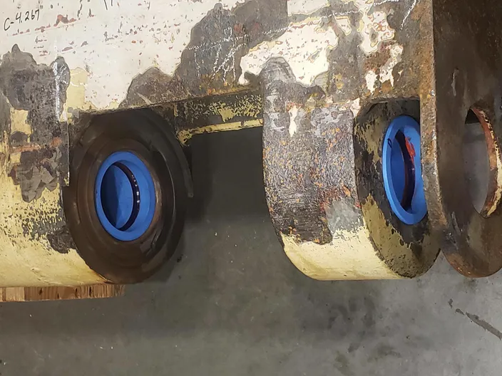 ThorPlas-Blue bearings installed in an articulating rudder with Thorseals in-situ - Credit: Thordon Bearings