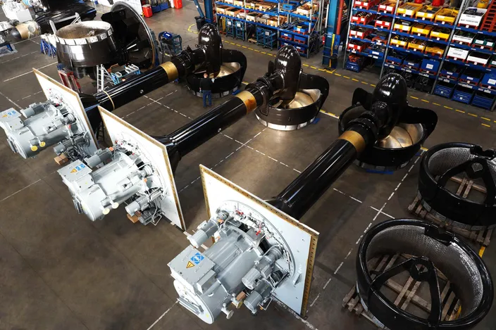 The three Schottel RudderPropellers type 510 L FP inside the Germany Wismar production site. Photo courtesy Schottel