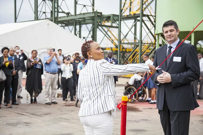 TNPA’s new tug MVEZO – a name which references the small village in the Eastern Cape of South Africa where former President Nelson Mandela was born – was launched and named at the Southern African Shipyards premises in Durban, South Africa. The sponsor was Lauriette Sesoko, TNPA GM Commercial & Marketing, who officially named the vessel, flanked by Charles Maher, Southern African Shipyards GM: Marketing. (Photos courtesy of Southern African Shipyards)