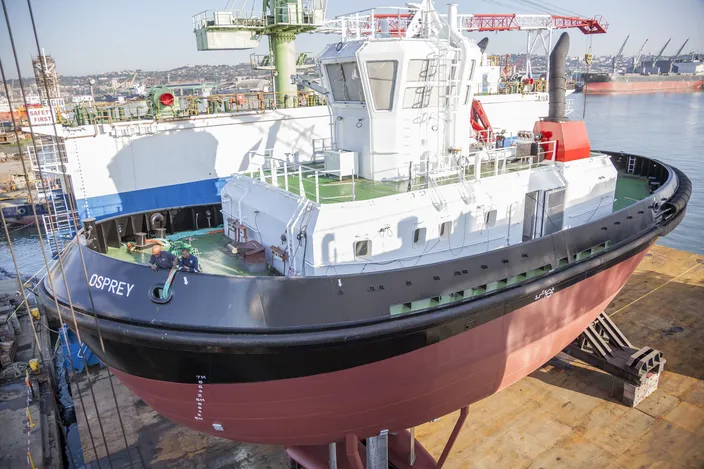 TNPA’s new tug, OSPREY, was launched and named at the Southern African Shipyards premises in Durban, South Africa.  (Photo: TNPA)