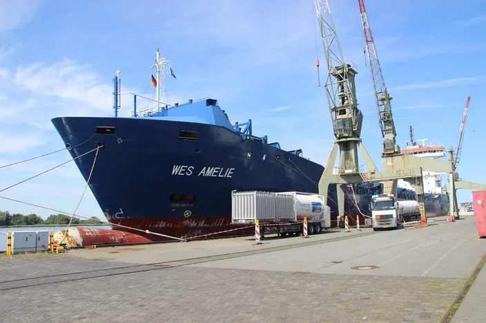 In total, four trucks of LNG were brought to the German port and transferred to Wes Amelie (Photo: Nauticor)