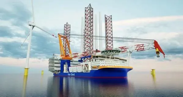 A wind turbine installation vessel being built for Van Oord at Yantai CIMC Raffles shipyard will be powered by five Wärtsilä 32 engines. Credit: Van Oord