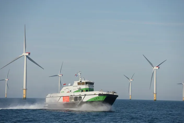 WAVECRAFT by Umoe Mandal is a wind farm fast crew transfer vessel featuring dual MJP 650 CSU waterjets. (Photo: Marine Jet Power)