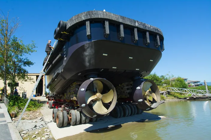 The Z-drive tug David J meets the water for the first time (Photo courtesy of Haig-Brown/Cummins)